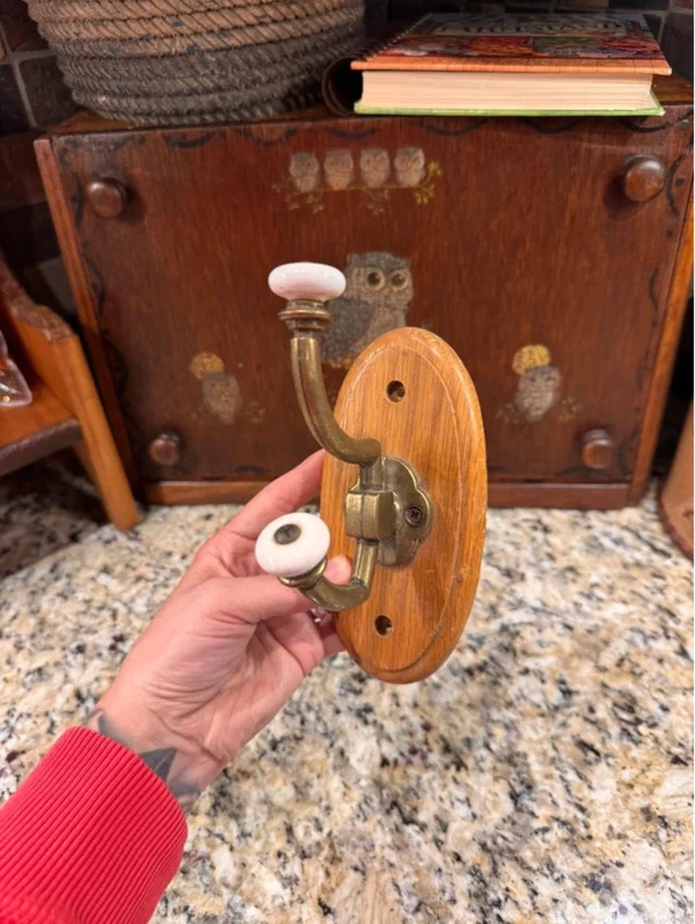 Vintage porcelain and oak wall hook